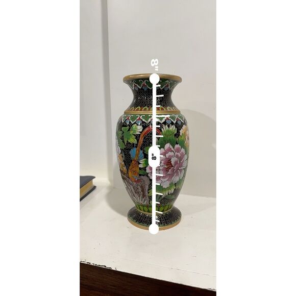 Vintage 70s Chinese Cloisonné Vase Peony & Bird Motif Black Enamel Brass Trim 8” - Picture 13 of 13